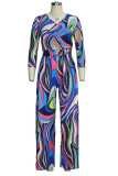 Blue Light Print Knitting Long Sleeve V Neck Jumpsuits
