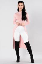 Pink O Neck Long Sleeve Split Solid