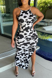 Black White Fashion Sexy Print Backless Slit O Neck Sling Dress
