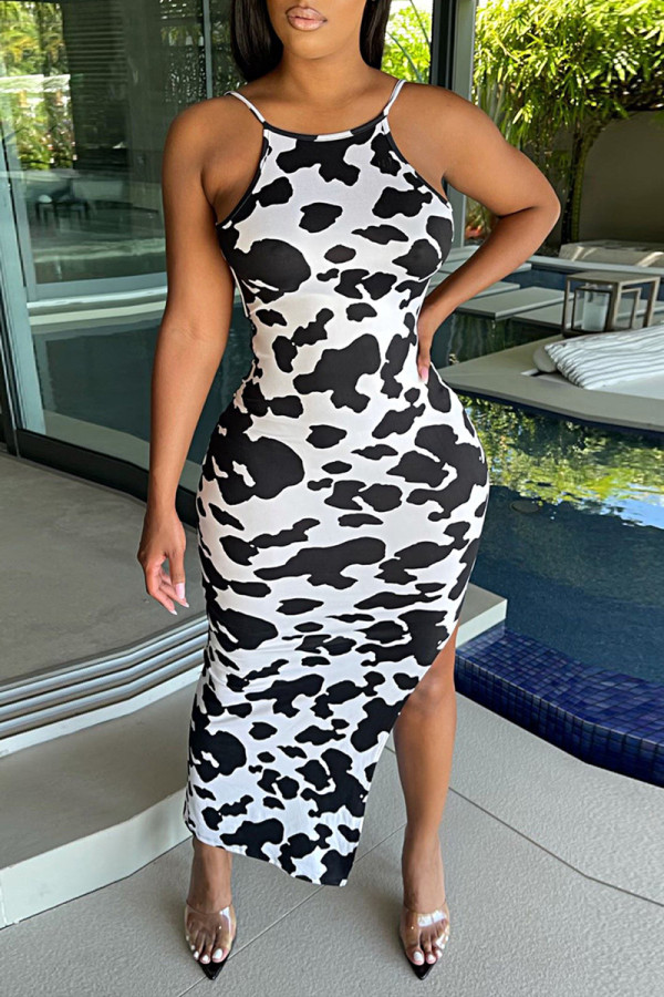 Black White Fashion Sexy Print Backless Slit O Neck Sling Dress