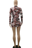 Wine Red Fashion adult Ma'am OL Cap Sleeve Long Sleeves O neck Step Skirt skirt camouflage Dresses