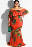 Red Fashion Sexy adult One word collar Print Floral Floral