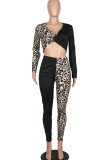 Blue Sexy Patchwork Two Piece Suits Leopard Straight Long Sleeve
