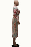 Green Sexy Milk Fiber Print O Neck Long Sleeve Ankle Length Pencil Skirt Dresses