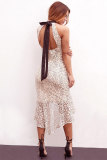 Pink Fashion Off The Shoulder Sleeveless O neck Mermaid Mid-Calf asymmetrical Patchwork lace 