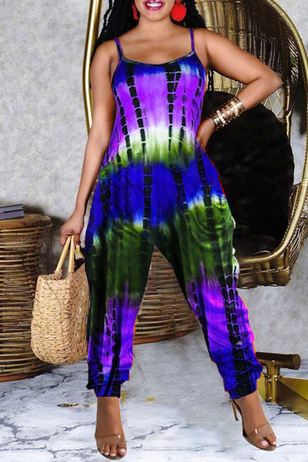 Purple Fashion Casual Tie Dye Printing Spaghetti Strap Regular Jumpsuits