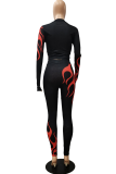 Black Casual Print Patchwork Half A Turtleneck Long Sleeve Two Pieces