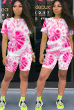 Orange Fashion Active Casual Patchwork Print Tie Dye Straight Short Sleeve Two Pieces