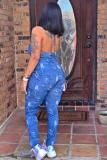 Blue Sexy Fashion Print Backless Patchwork Sleeveless O Neck Jumpsuits