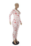 Red Living Print V Neck Skinny Jumpsuits