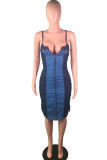 Dark Blue The cowboy Fashion adult Ma'am Street Spaghetti Strap Sleeveless Slip Step Skirt Knee-Length Patchwork Solid Dresses