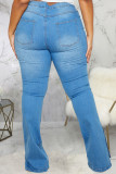 Gray Blue Sexy Solid Ripped Slit Mid Waist Regular Denim