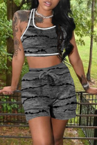 Dark Gray Casual Print U Neck Sleeveless Two Pieces