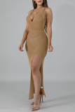 Red Sexy Solid Patchwork Spaghetti Strap Irregular Dress Dresses