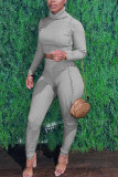 Grey Sexy Solid Patchwork Turtleneck Long Sleeve Two Pieces