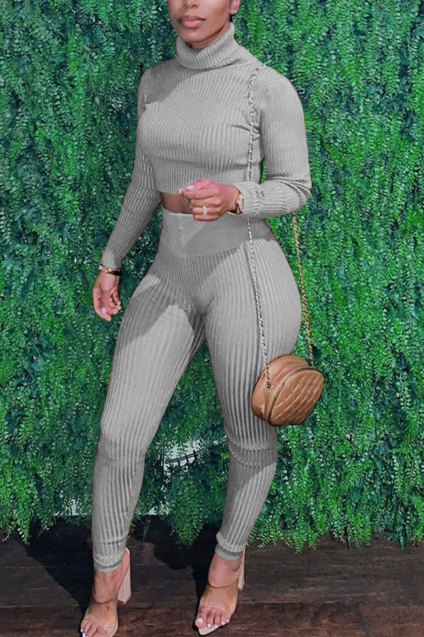 Grey Sexy Solid Patchwork Turtleneck Long Sleeve Two Pieces
