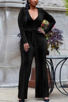 Black Sexy Solid Patch V Neck Regular Jumpsuits