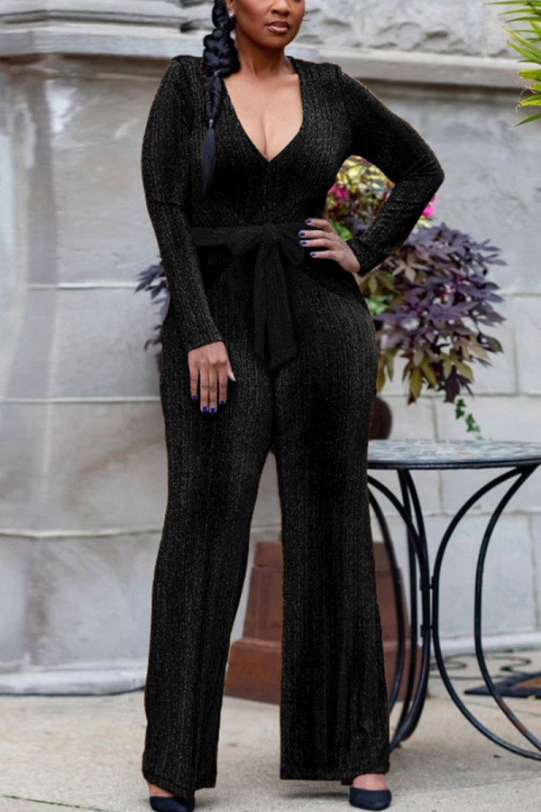 Black Sexy Solid Patch V Neck Regular Jumpsuits