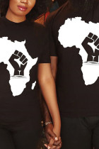 Black White Black O Neck Short Sleeve Print Tops