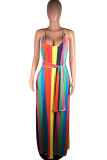 Blue Fashion Street White Blue Orange Yellow Light Blue Dark Blue Spaghetti Strap Sleeveless Slip Swagger Floor-Length Striped Print Dresses