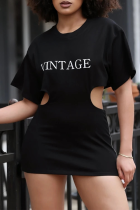 Black Sexy Print Hollowed Out O Neck Pencil Skirt Dresses