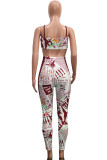 Wine Red Fashion Sexy adult Ma'am Patchwork Print Two Piece Suits pencil Sleeveless Two Pieces