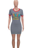 Green Casual Red Green Short Sleeves O neck Step Skirt Mini Striped Print Dresses