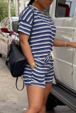 Red Casual Striped Print Patchwork O Neck Short Sleeve Two Pieces