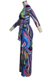 Blue Light Print Knitting Long Sleeve V Neck Jumpsuits
