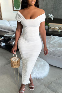 White Elegant Solid Patchwork Fold Square Collar Pencil Skirt Dresses