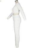 White Casual Striped Solid Patchwork V Neck Long Sleeve Regular Sleeve Short Two Pieces