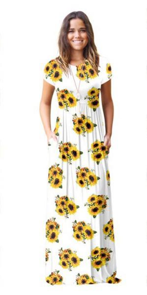 As Show-4 Brief Cute O-Neck Short Sleeve Loose Long Print Dresses