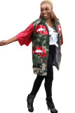 Green Turndown Collar Patchwork Sequin Lips Print The cowboy Patchwork Long Sleeve Denim jacket