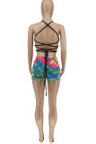 Multicolor Sexy Print Patchwork Frenulum Backless Swimwears