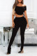 Black Fashion Solid Hollowed Out Slit Strap Design Off the Shoulder Short Sleeve Two Pieces