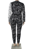 Black Sexy Print Patchwork V Neck Plus Size Jumpsuits