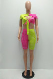 Fluorescent green Fashion adult Street Letter Patchwork Print Bandage Two Piece Suits HOLLOWED OUT pencil Short Sleeve Two Pieces