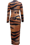Tiger Pattern Sexy Animal Print Patchwork Zipper Collar Pencil Skirt Dresses