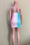 Multicolor Fashion Sexy Print Tie Dye Backless Spaghetti Strap Sleeveless Dress