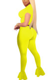 Fluorescent green Fashion Sexy adult Ma'am Patchwork Solid Two Piece Suits Straight Short Sleeve Two Pieces
