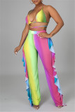 Yellow Fashion Sexy Print Backless Strap Design Halter Sleeveless Three-piece Set