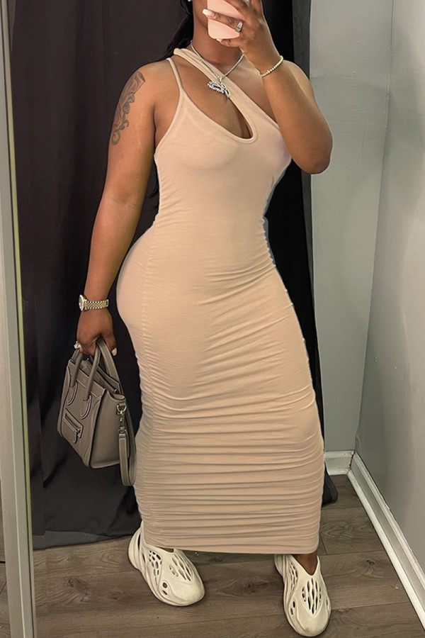 Apricot Sexy Casual Solid Hollowed Out Fold One Shoulder Sleeveless Dress