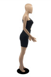 Black Sexy Solid Hollowed Out Fold One Shoulder Sleeveless Dress