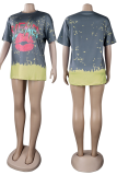 Blue Casual Print Patchwork O Neck T-Shirts