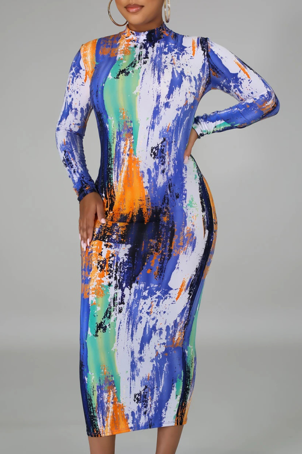 Blue Sexy Print Patchwork Half A Turtleneck Pencil Skirt Dresses