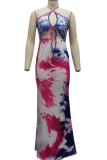 Rose Red Sexy Patchwork Hollowed Out Tie-dye Halter Cake Skirt Dresses
