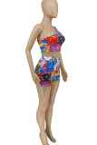 Purple Street Geometric Print Patchwork Oblique Collar Sleeveless Two Pieces