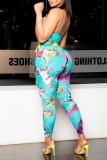 Multicolor Fashion Sexy Print Bandage Hollowed Out Backless Spaghetti Strap Regular Jumpsuits