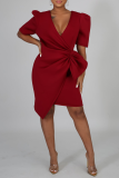 Red Casual Solid Patchwork V Neck Irregular Dress Dresses