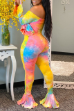 Colour Sexy Patchwork Tie-dye Off the Shoulder Boot Cut Jumpsuits